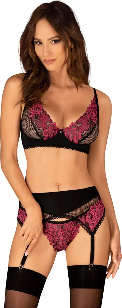 Obsessive Rosenty completino intimo 3 pezzi nero magenta