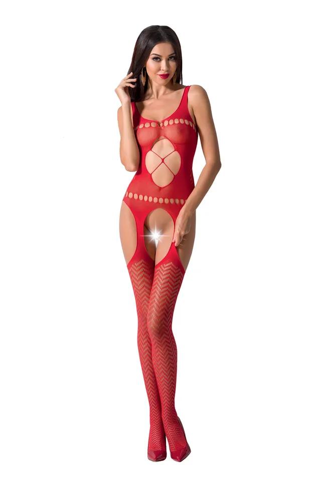 Passion BS057 bodystocking rosso nylon con apertura