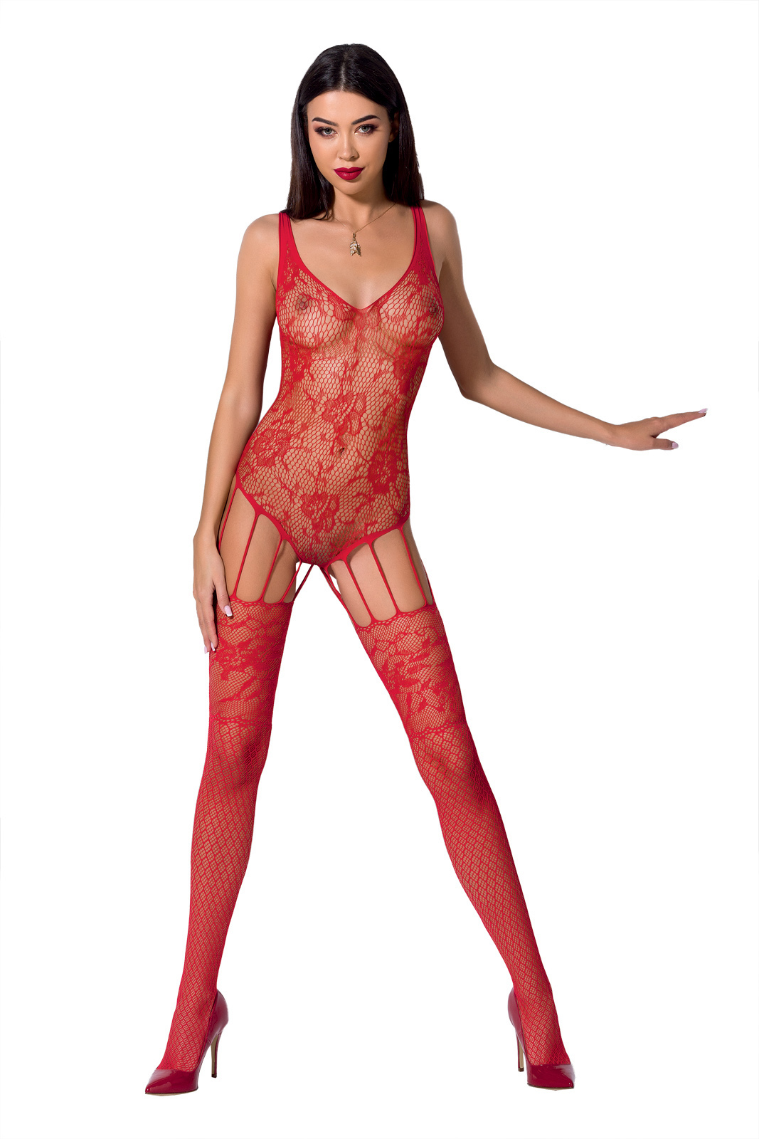 Passion BS074 bodystocking rosso in rete floreale