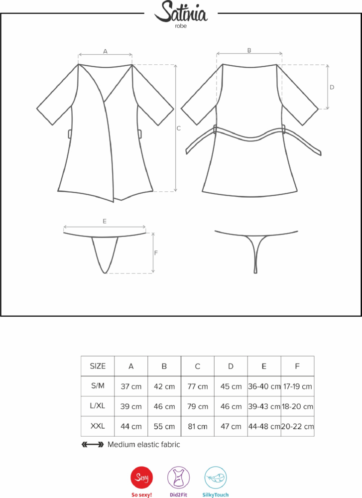 Obsessive Satinia Robe kimono nero in raso con perizoma