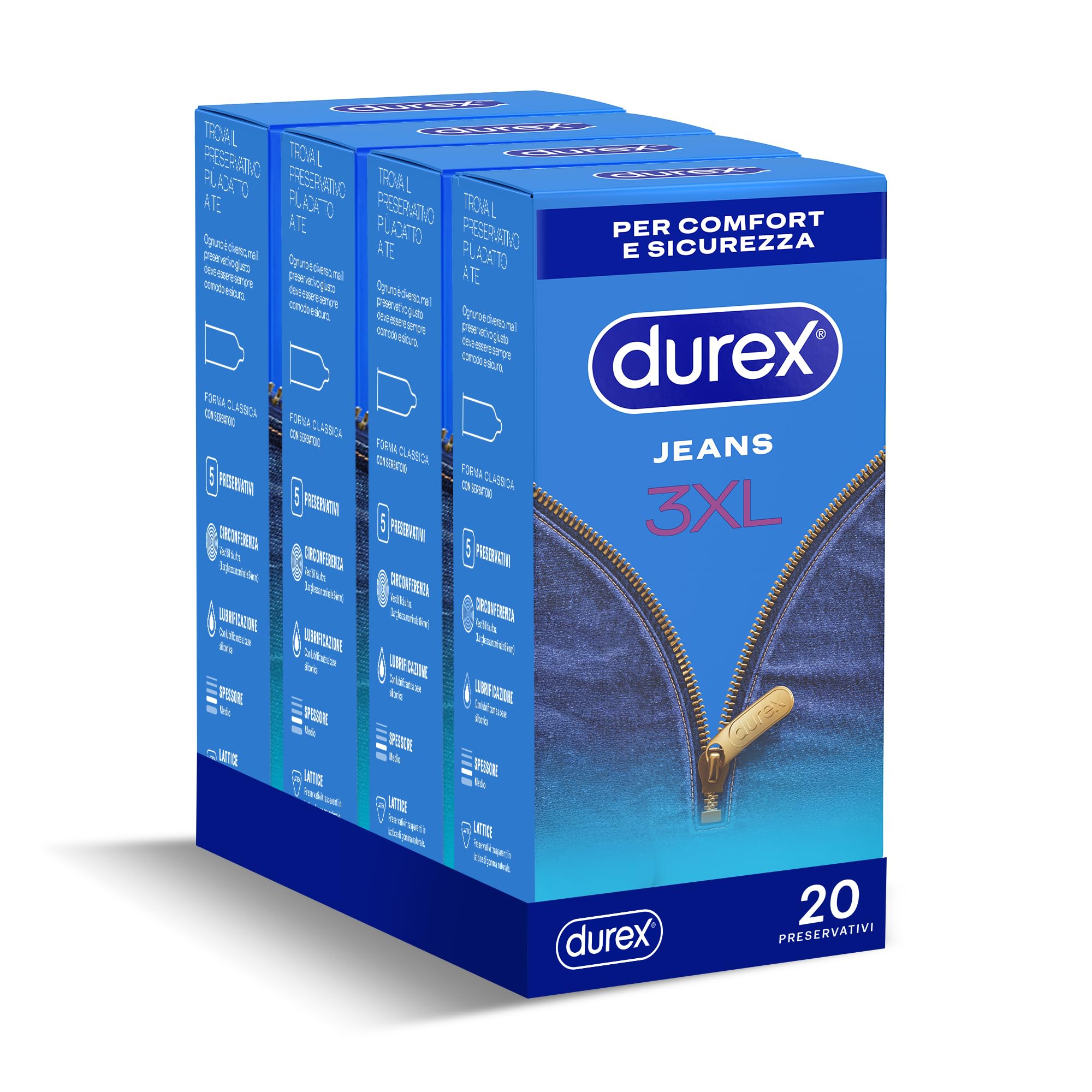 Durex Jeans 3XL preservativi 20 pezzi larghi 64 mm