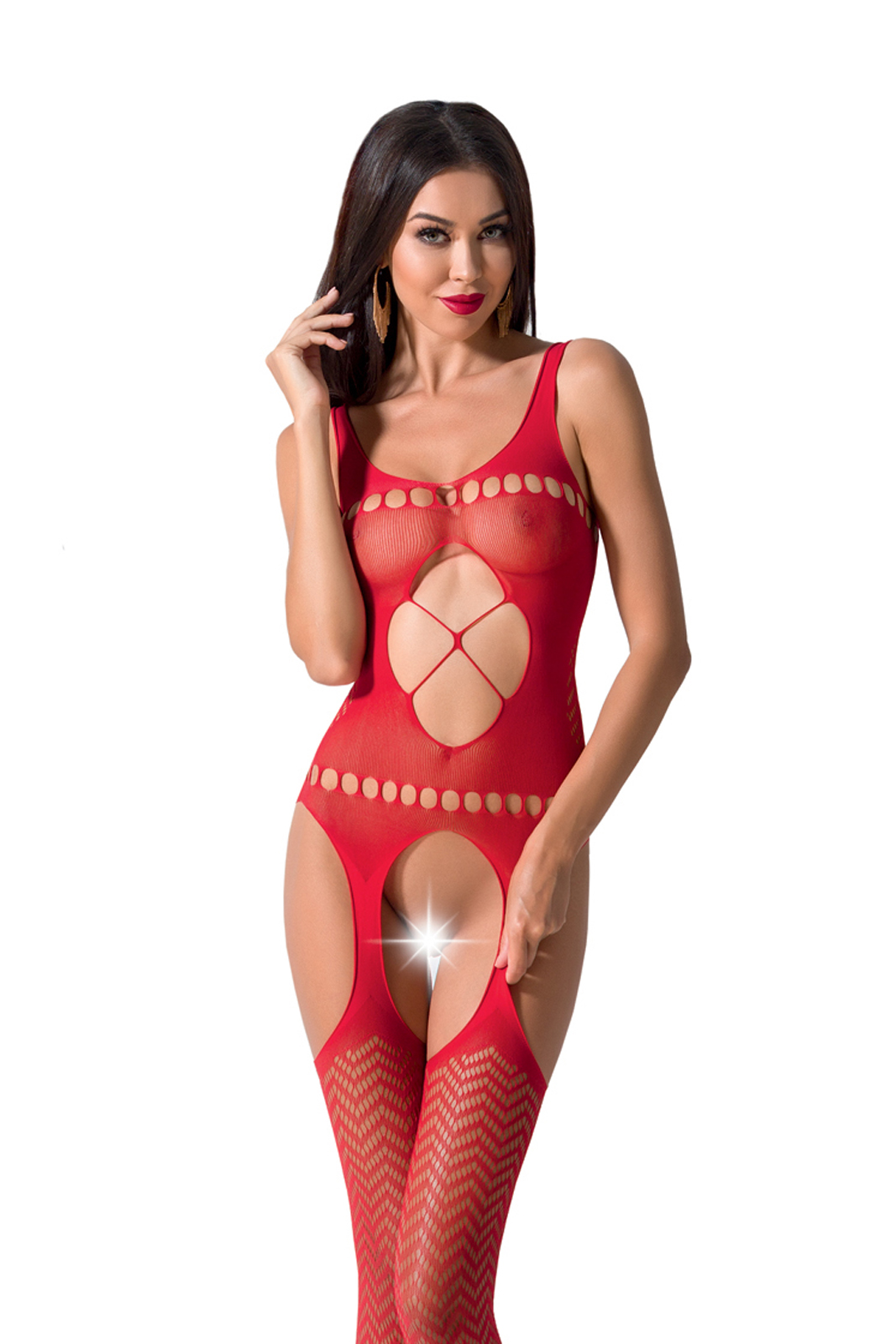 Passion BS057 bodystocking rosso nylon con apertura