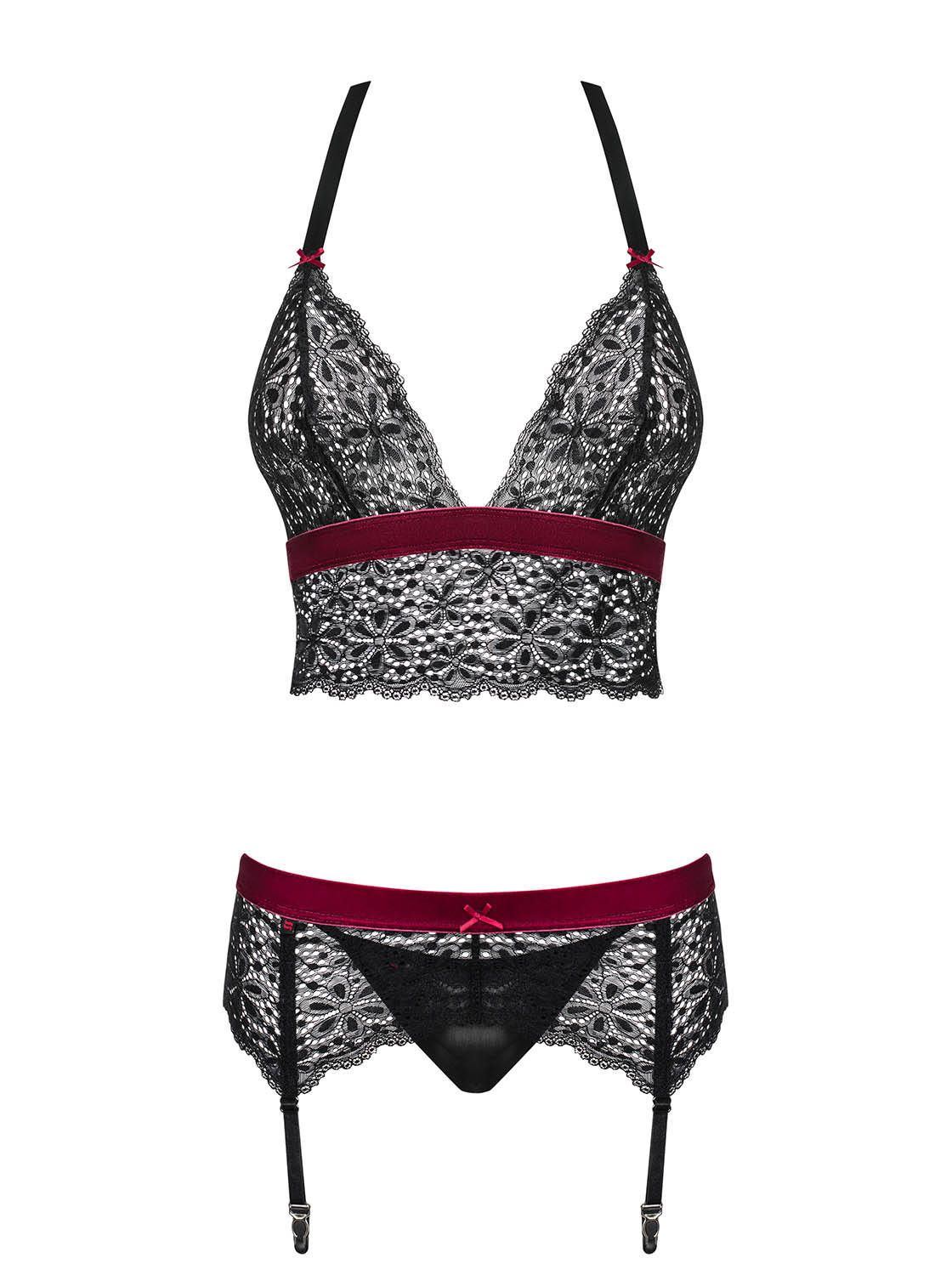 Obsessive Rossita completino intimo nero in pizzo 3 pezzi